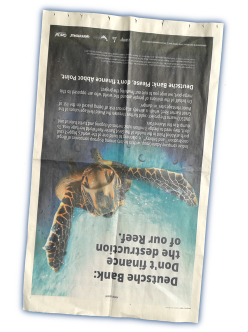 Die Anzeige zur Great Barrier Reef-Anzeige von Campact in der Financial Times. (Deutsche Bank: Nicht das Great Barrier Reef! Don't finance Abbot Point)