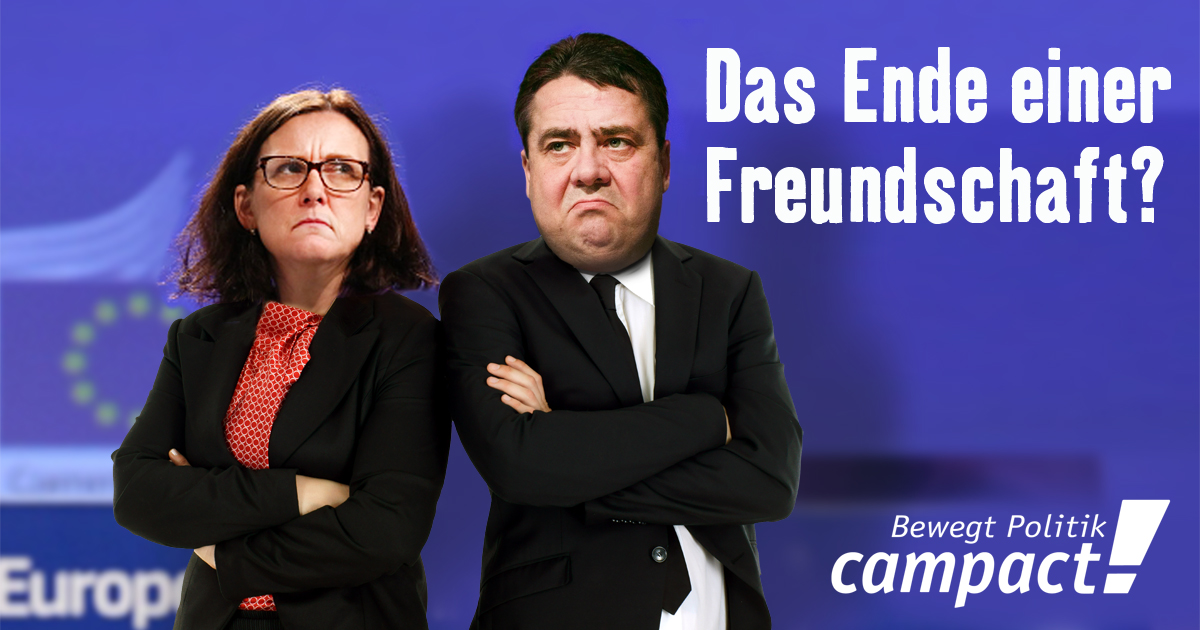 Karikatur: Malmström und Gabriel ecken aneinander. Grafik: Campact/Zitrusblau [CC BY-NC-SA 2.0 DE]