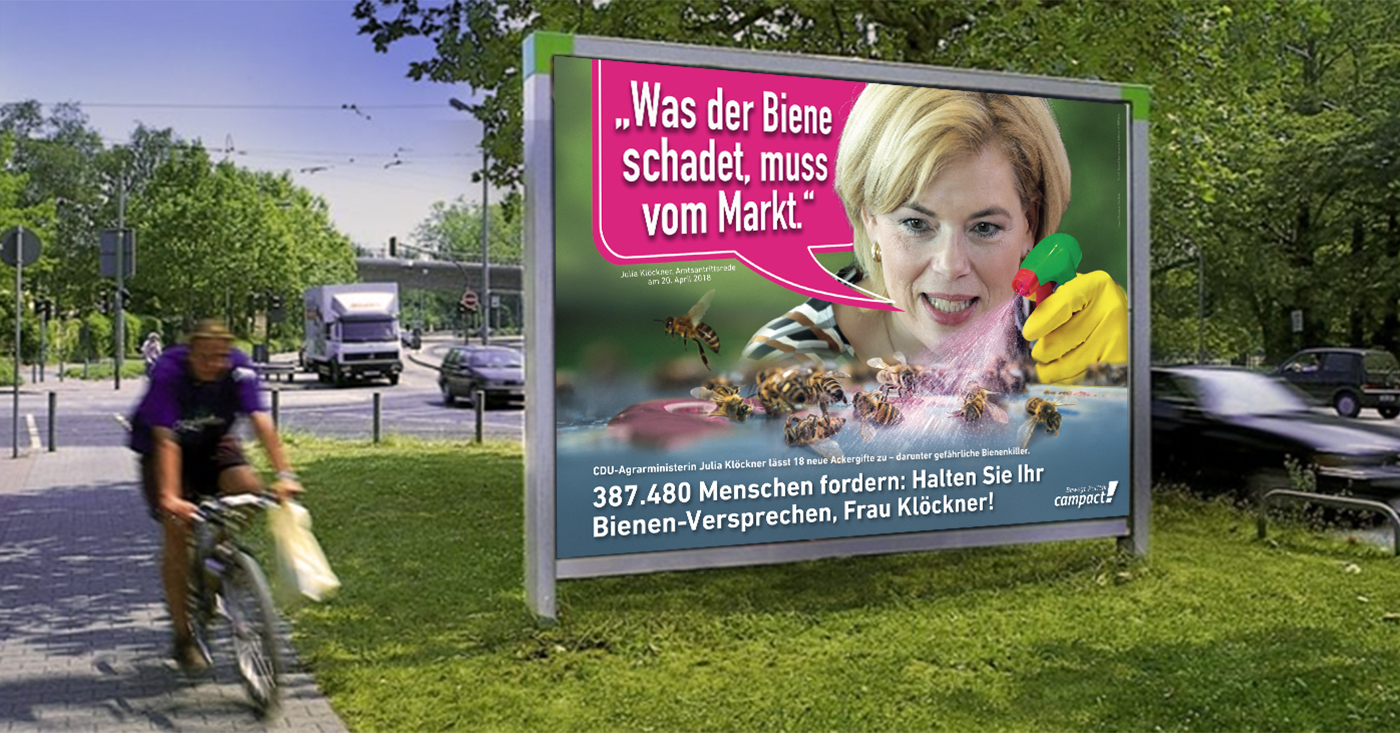 Fotomontage: Julia Klöckner Plakation in Bad Kreuznach: "Was der Biene schadet, muss vom Markt."