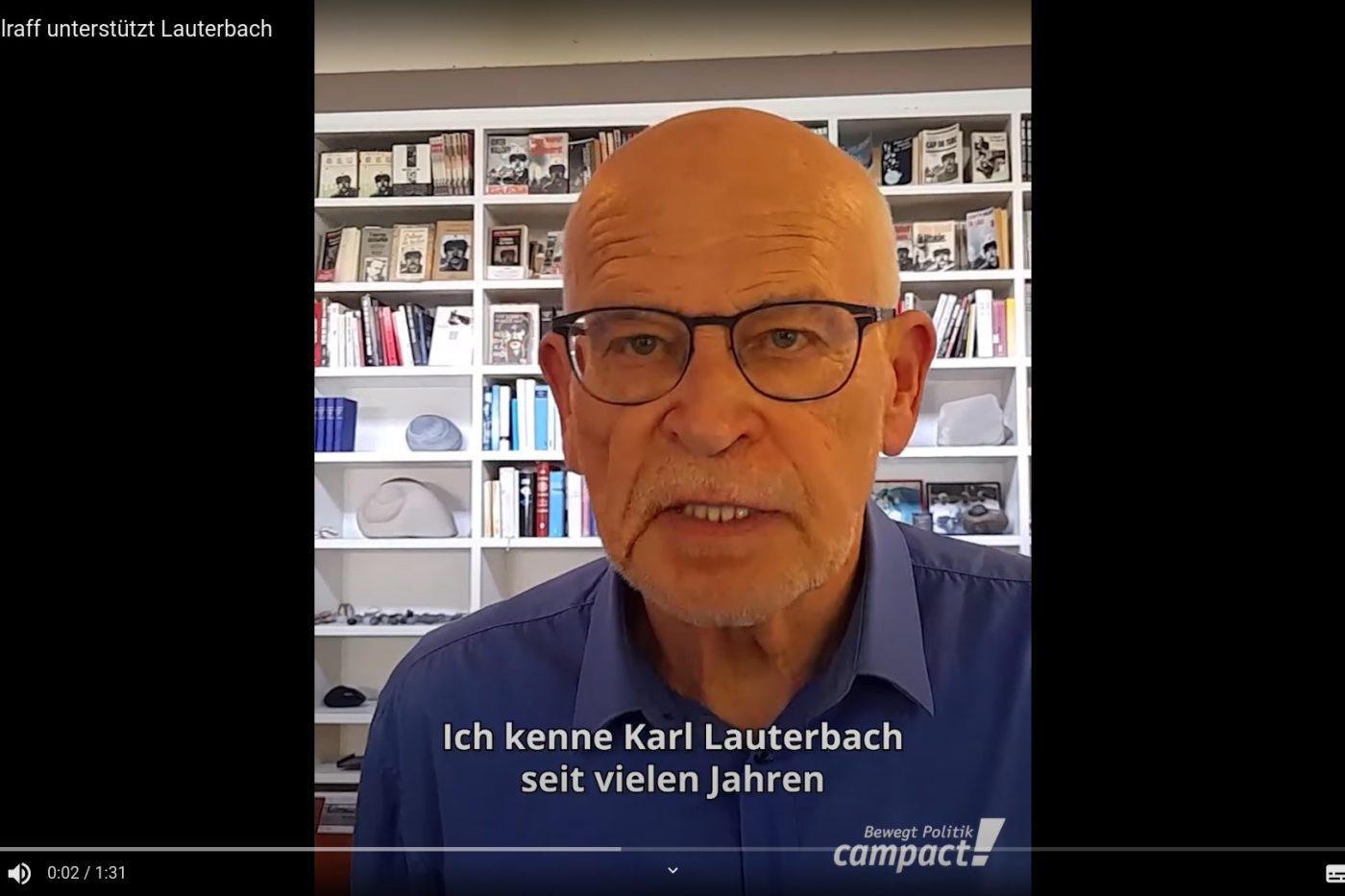 Screenshot aus dem Video "Günter Wallraff unterstützt Lauterbach". Günter Wallraff spricht in die Kamera,