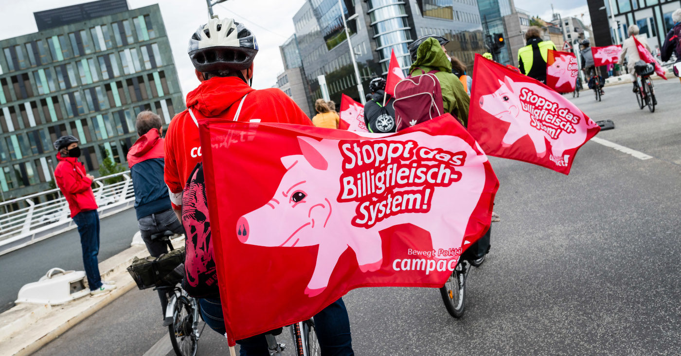 Einige Personen fahren auf einer Demonstration Fahrrad. Hinter ihnen wehen Fahnen mit der Forderung "Stoppt das Billigfleisch-System!"