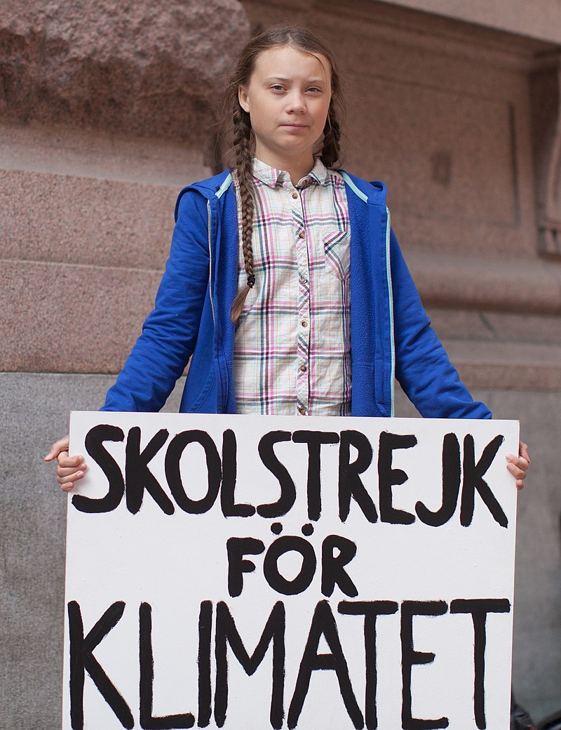Die Klimaaktivistin Greta Thunberg steht mit ihrem berühmten Plakat zum Schulstreik vor dem schwedischen Reichstag.
