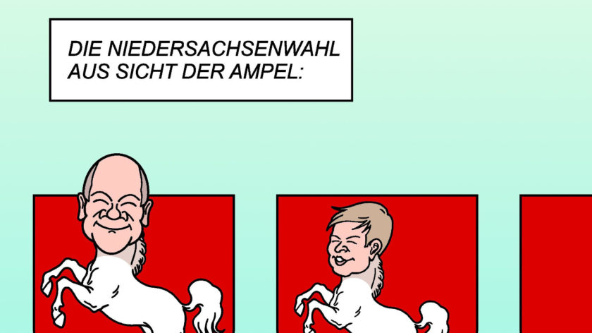 Das Bild zeigt einen Ausschnitt der Karikatur "Niedersachsen" von Karikaturist Martin Erl. Sie beschäftigt sich mit der Landtagswahl in Niedersachsen im Oktober 2022.