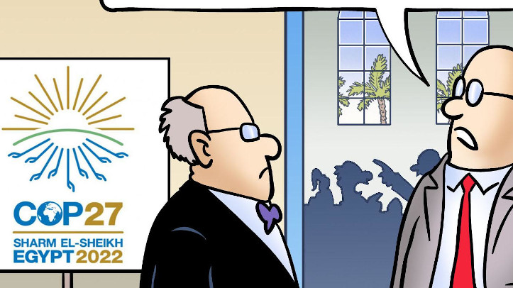 Das Bild zeigt einen Ausschnitt der Karikatur "Haft für Klimaaktivisten" von Harm Bengen. Thema der kompletten Karikatur sind sowohl die aktuelle Diskussion in Deustchland, als auch die Konferenz COP27 in Ägypten.
