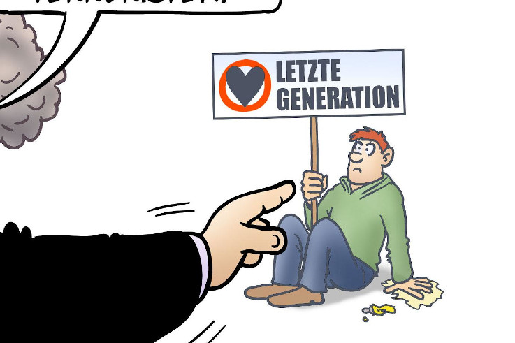 Das Bild zeigt einen Anschnitt der Karikatur "Klima-Terroristen" von Harm Bengen. Thema der Karikatur ist der Protest der Gruppierung "Letzte Generation".