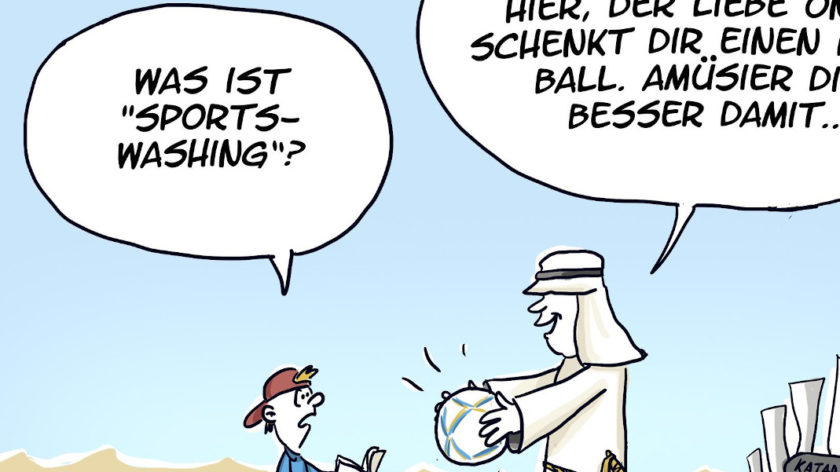 Ein Ausschnitt der Karikatur "Was ist Sportswashing?" von Karikaturist Tim Oliver Feicke.