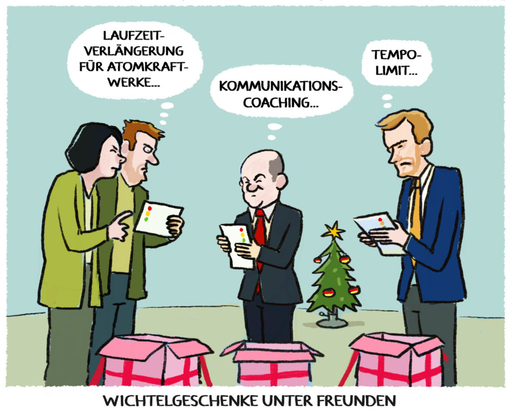 Zu sehen ist die Karikatur "Ampel Weihnachtsfeier" von Markus Grolik. Zu sehen sind Annalena Baerbock, Robert Habeck, Olaf Scholz und Christian Lindner, wie sie Geschenke auspacken. Darunter steht "Wichtelgeschenke unter Freunden".