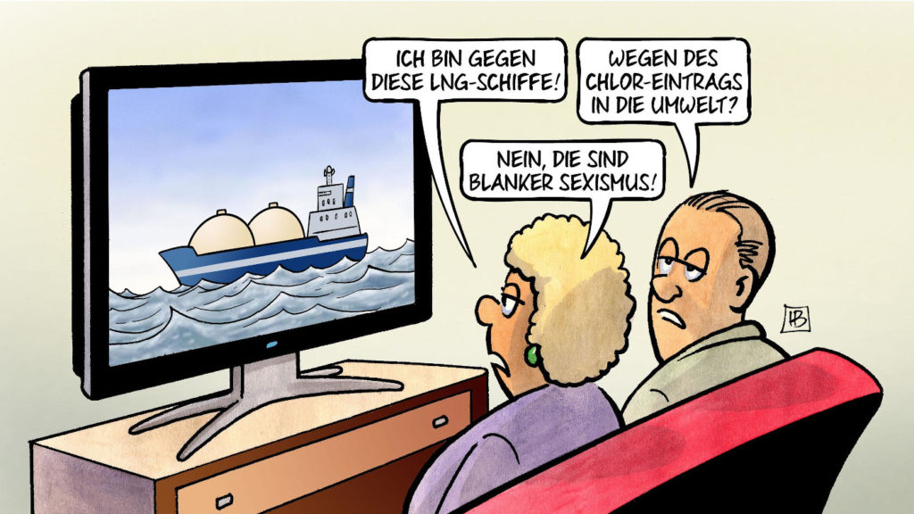 Das Bild zeigt die Karikatur LNG-Schiffe von Karikaturist Harm Bengen.