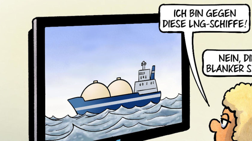 Das Bild zeigt einen Ausschnitt der Karikatur LNG-Schiffe von Karikaturist Harm Bengen.