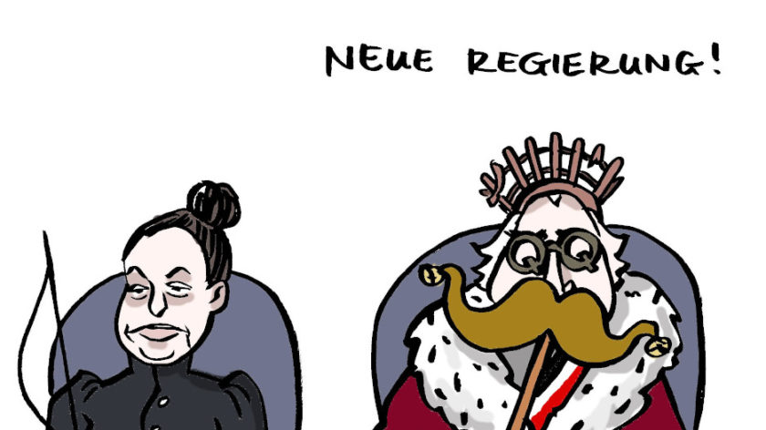 Das Bild zeigt einen Ausschnitt der Karikatur "Neue Regierung" von der Karikaturistin Christiane Pfohlmann.