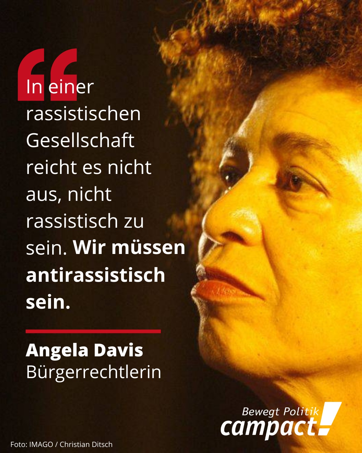 Die Montage zeigt ein Foto der US-amerikanische Bürgerrechtlerin Angela Davis mit einem Zitat von ihr. 
