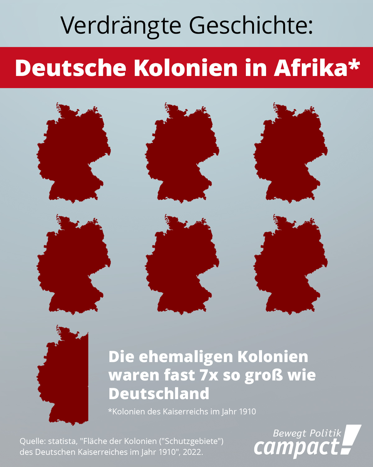 Das Bild zeigt eine Infografik, die die Landfläche Deutschlands mit der Fläche der ehemaligen deutschen Kolonien in Afrika gegenüberstellt. 