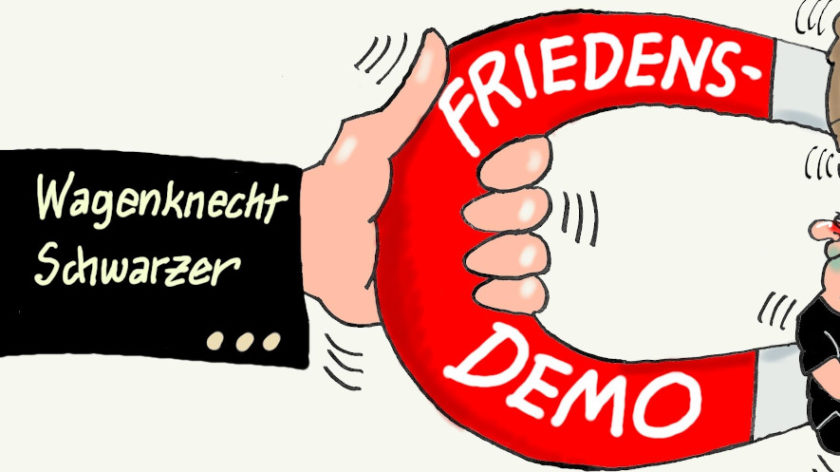 Das Bild zeigt einen Anschnitt der Karikatur "Magnetfeld" von Karikaturist RABE. Sie thematisiert die Demo "Aufstand für den Frieden" von Sahra Wagenknecht und Alice Schwarzer.