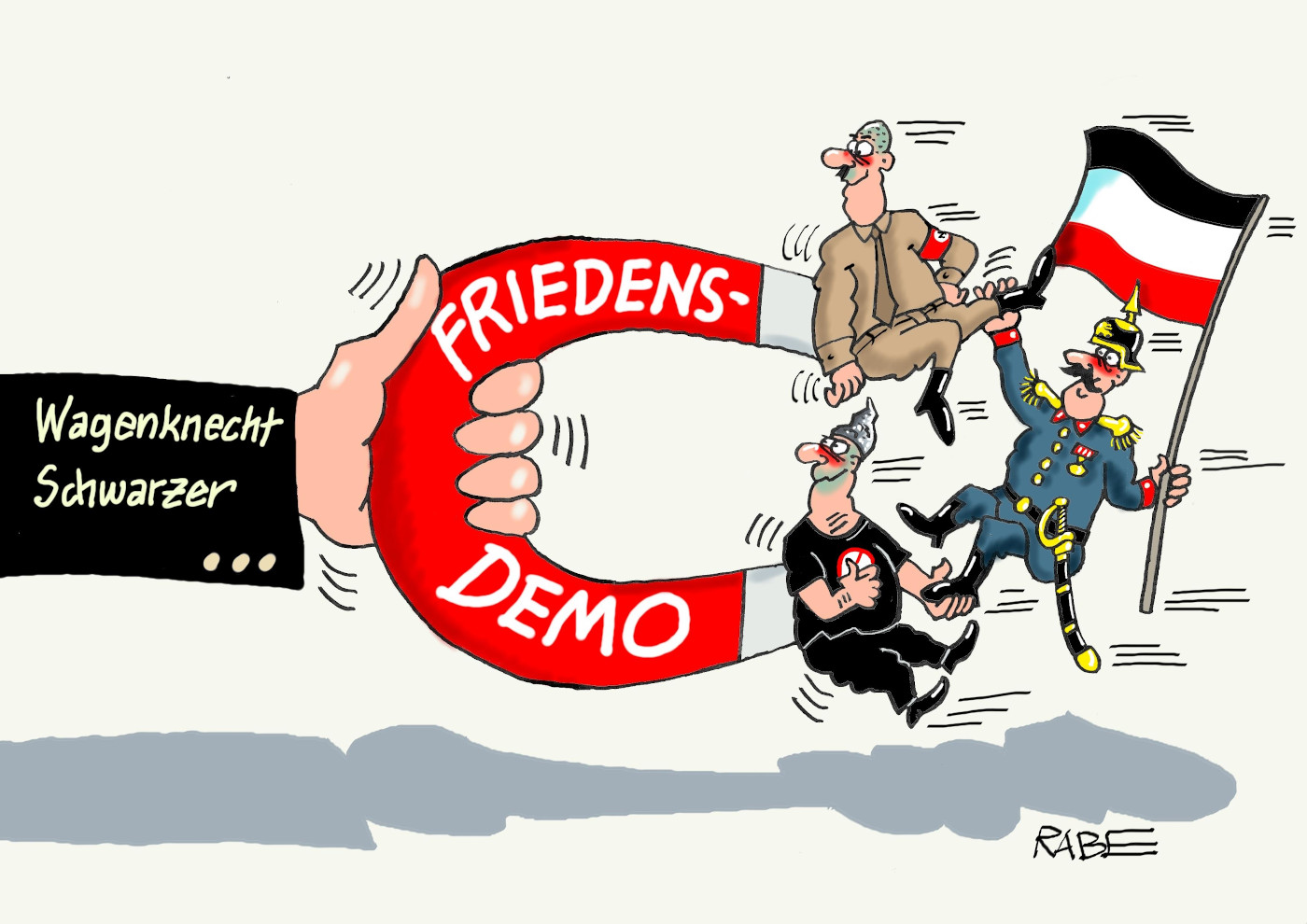Das Bild zeigt die Karikatur "Magnetfeld" von Karikaturist RABE. Sie thematisiert die Demo "Aufstand für den Frieden" von Sarah Wagenknecht und Alice Schwarzer.
