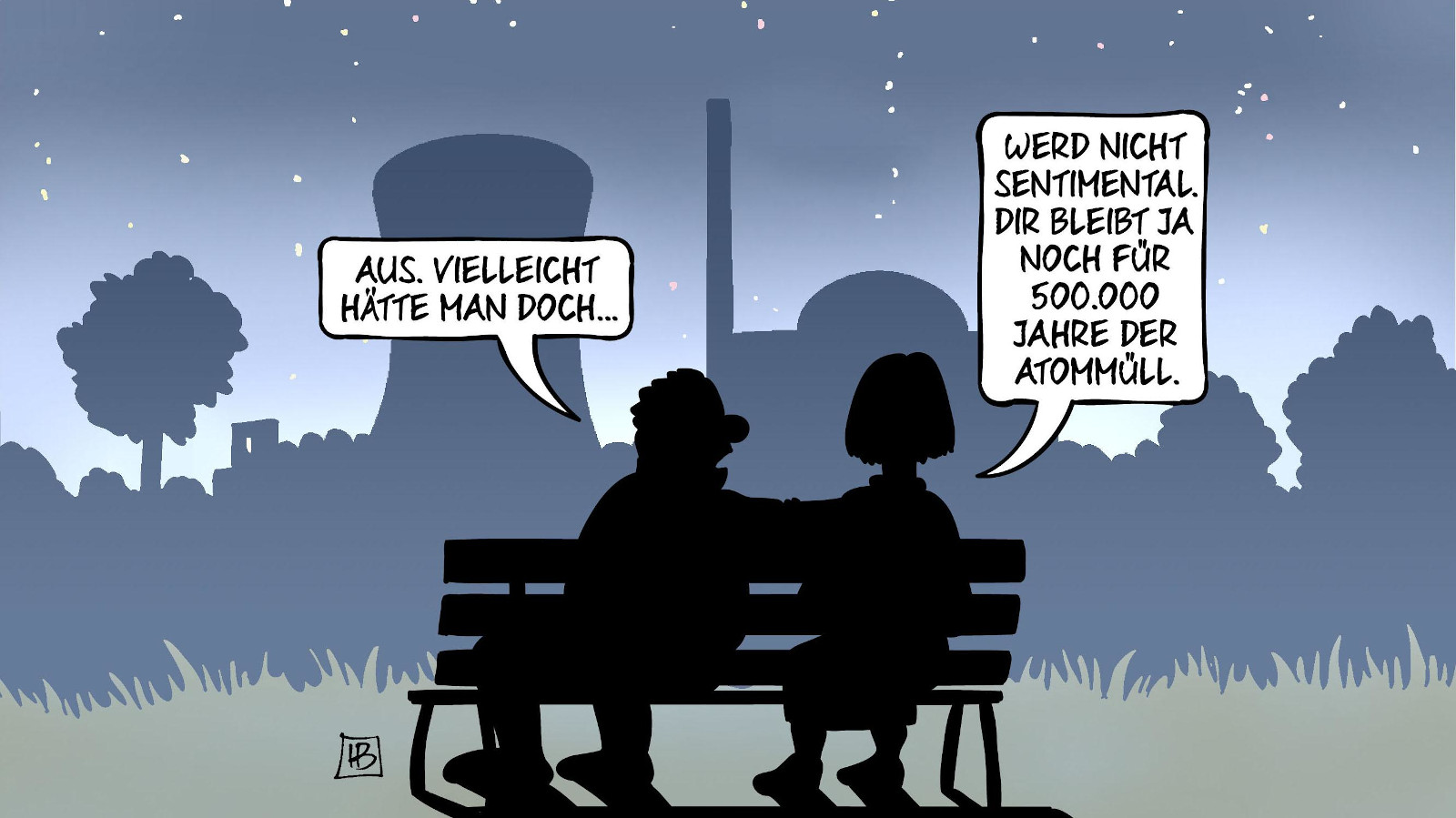 Am 15. April 2023 wurde ndie letzten drei Atomkraftwerke (AKW) in Deutschland abgeschaltet. Die Abschaltung ist Thema dieser Karikatur von Harm Bengen. Sie zeigt einen Dialog von zwei Personen, die in einer sternenklaren Nacht auf einer Bank sitzen. Im Hintergrund sieht man die Umrisse eines AKW. Die linke Person sagt: "Aus. Vielleicht hätte man doch..." Darauf antwortet die Person rechts: "Werd nicht sentimental. Dir bleiben ja noch 500.000 Jahre der Atommüll."