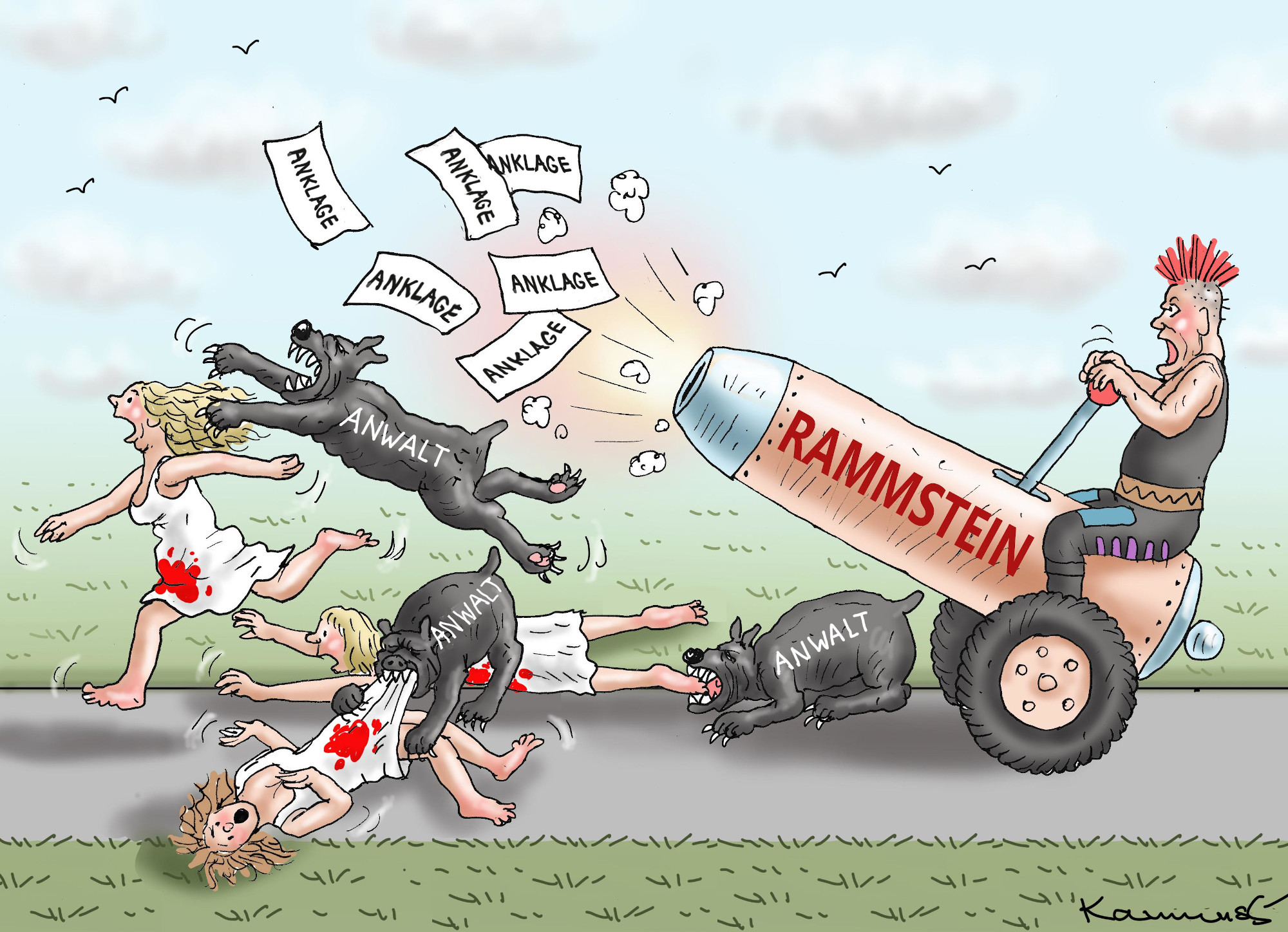 Das Bild zeigt die Karikatur "Über-Gott Rammstein" von Karikaturist Marian Kamensky. 