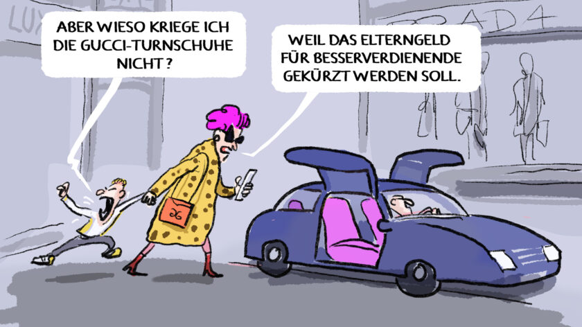 Christian Lindners (FDP) Sparhaushalt hat es auf das Elterngeld abgesehen. Karikaturist Markus Grolik zeigt, wen die Elterngeldkürzung wirklich trifft.