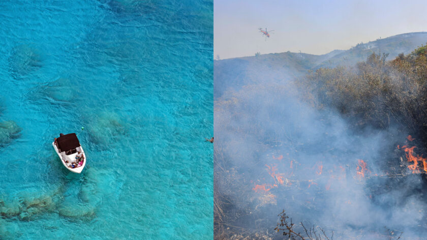 Die Fotocollage zeigt zwei Bilder aus Griechenland: Einmal als Urlaubsparadies und dann die massiven Waldbrände auf Rhodos.