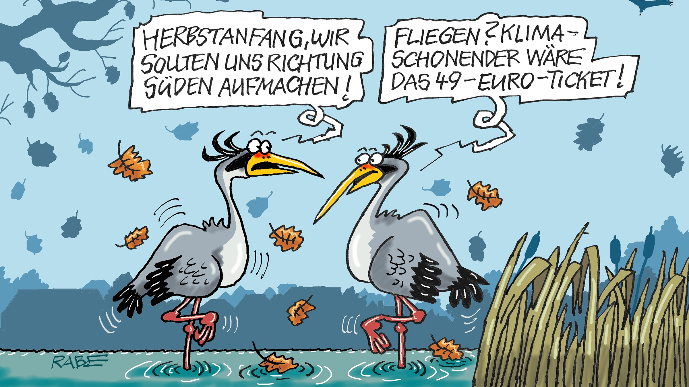 Karikatur zeigt zwei Störche, die lieber das 49-Euro-Ticket nehmen würden als zu fliegen.