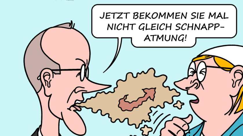 Friedrich Merz und seine Aussagen zum Zahnarztbesuch von Geflüchteten: In dieser Karikatur wird er von einer Person angesprochen mit den Worten "Sie sollten dringend mal zum Zahnarzt gehen". Merz entgegnet: "Jetzt bekommen sie mal keine Schnappatmung"
