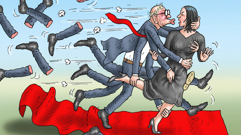 Kroatiens Außenminister versucht, Baerbock zu küssen. Karikatur von Marian Kamensky