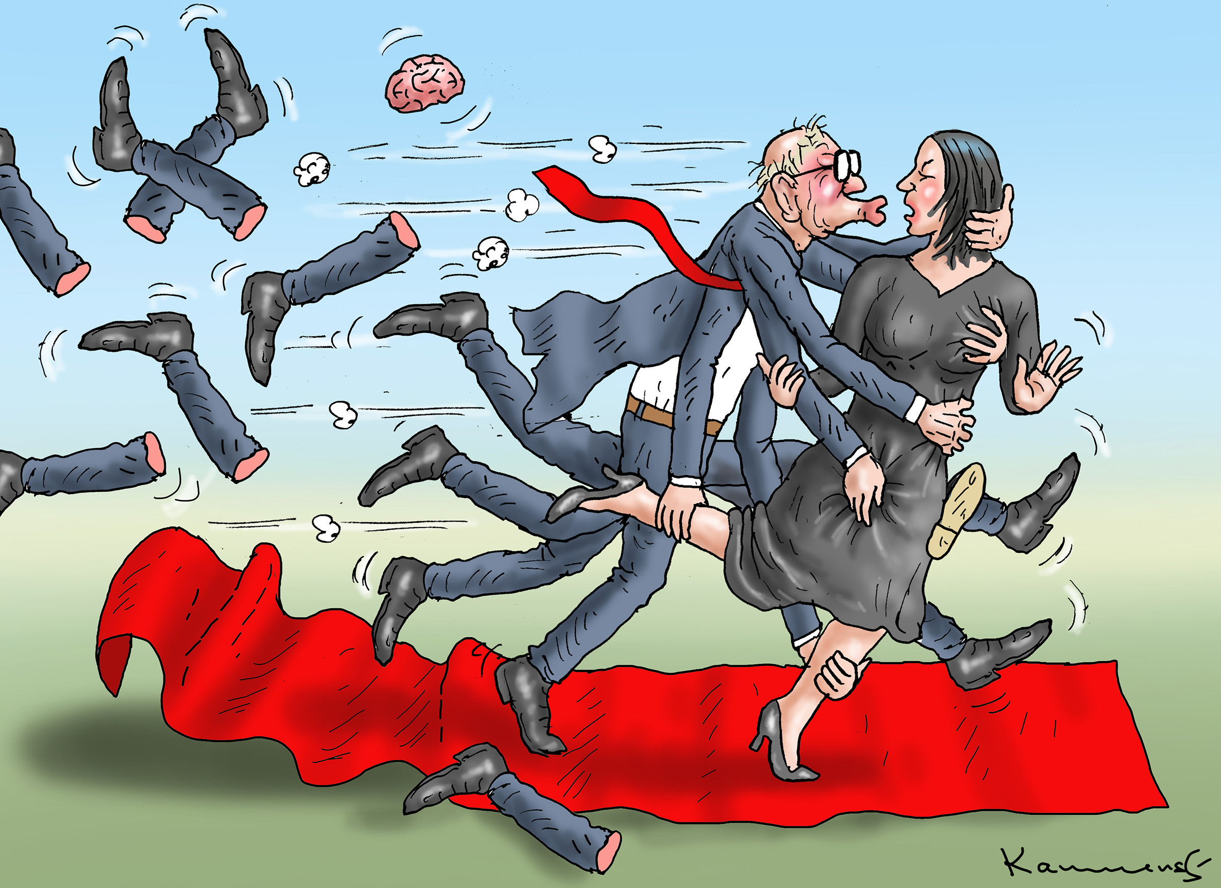 Kroatiens Außenminister versucht, Baerbock zu küssen. Karikatur von Marian Kamensky