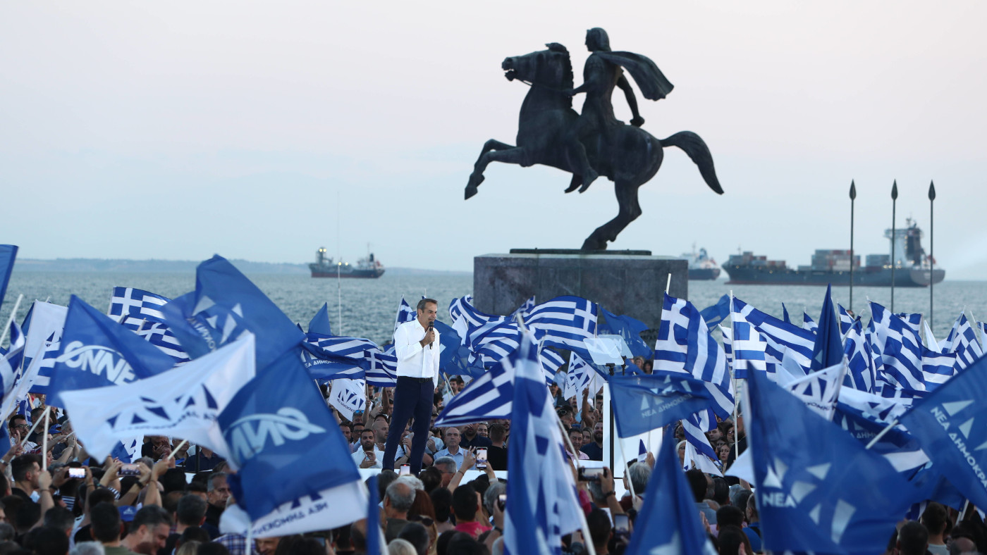 Rede des Präsidenten der griechischen Partei Nea Dimokratia, Kyriakos Mitsotakis, vor dem Reiterstandbild von Alexander dem Großen in Thessaloniki.