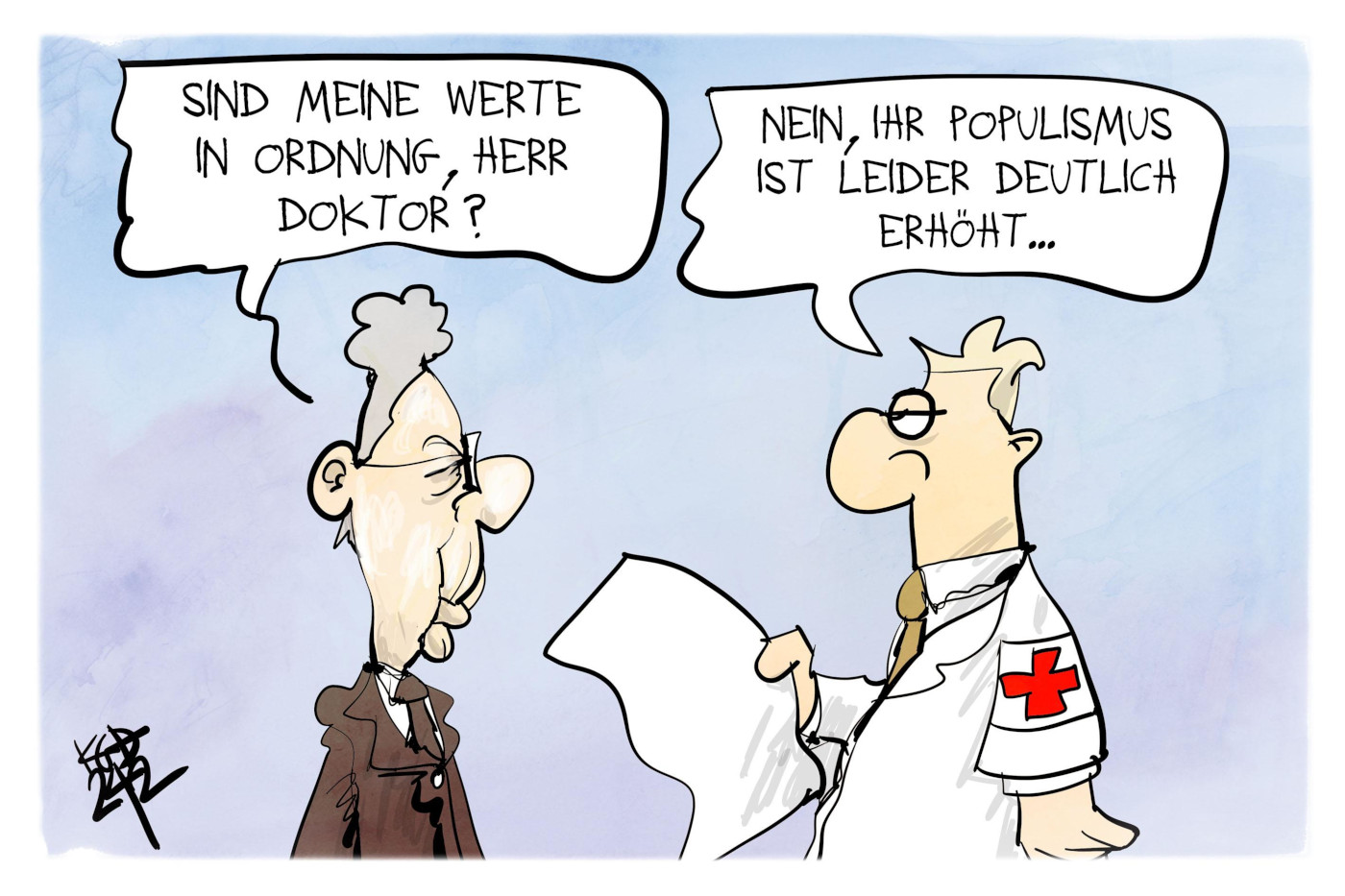 Die Karikatur "Werteunion" von Kostas Koufogiorgos. Links ist Hans-Georg Maaßen zu sehen, der fragt: "Sind meine Werte in Ordnung, Herr Doktor?" Der Doktor, rechts stehend, antwortet: "Nein, ihr Populismus ist leider deutlich erhöht ..."