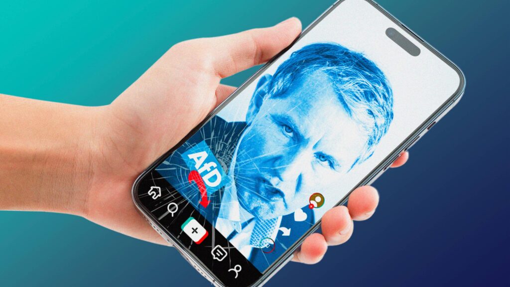 Die Kampagnengrafik zum Appell "AfD auf TikTok sperren": Ein Bild von Björn Höcke mit einem verfremdeten AfD-Logo ist auf einem gesplitterten Handy-Bildschirm zu sehen.