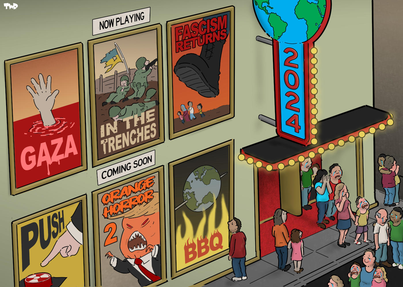 Die Karikatur "World Cinema" von dem politischen Karikaturist Tjeerd Royaards.