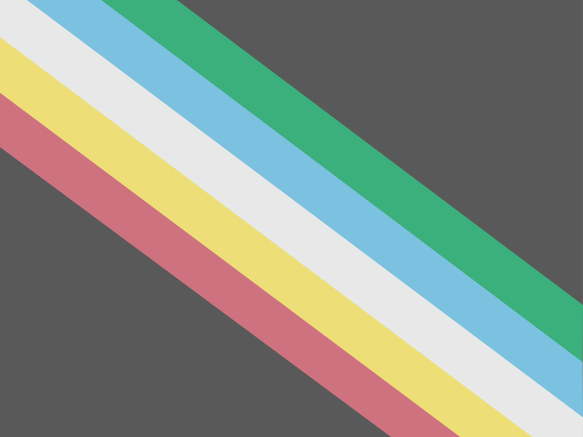 Die Disability Pride-Flagge, entworfen von Ann Magill. Sie zeigt fünf farbige Streifen auf einem dunkelgrauen Untergrund. Die Streifen gehen von links oben nach rechts unten quer und parallel zueinander durch den dunkelgrauen Kasten. Copyright: CC0 1.0, gemeinfrei