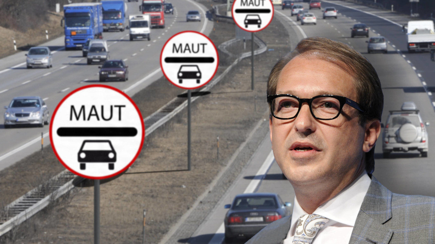 Fotomontage: Ein Portrait-Foto von Verkehrsminister Alexander Dobrindt (CSU, Amtszeit 2013-2017) ist in der rechten unteren Bildhälfte. Im Hintergrund ist eine Autobahn zu sehen. Auf dem Mittelstreifen stehen Schilder mit der Aufschrift "Maut", die zusätzlich in das Bild eingefügt wurden.