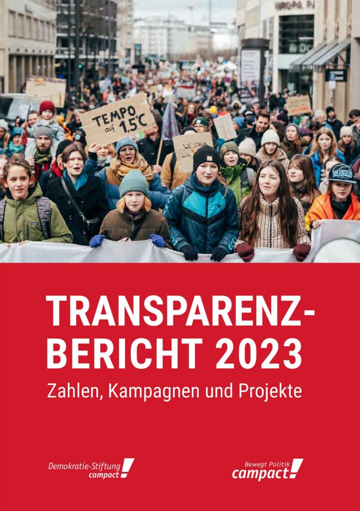 Das Titelbild des aktuellen Transparenzberichts 2023 von Campact zeigt eine Gruppe von Jugendlichen, die auf einer Fridays-for-Future-Demo protestieren