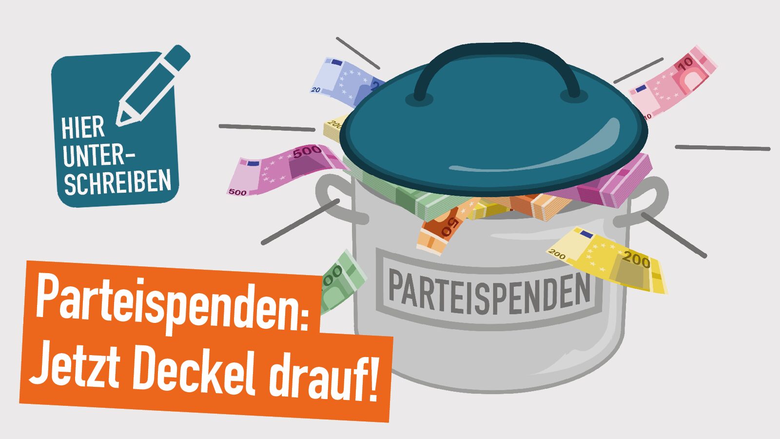 Kampagnengrafik von LobbyControl zum Appell: "Parteispenden: Jetzt Deckel drauf!"