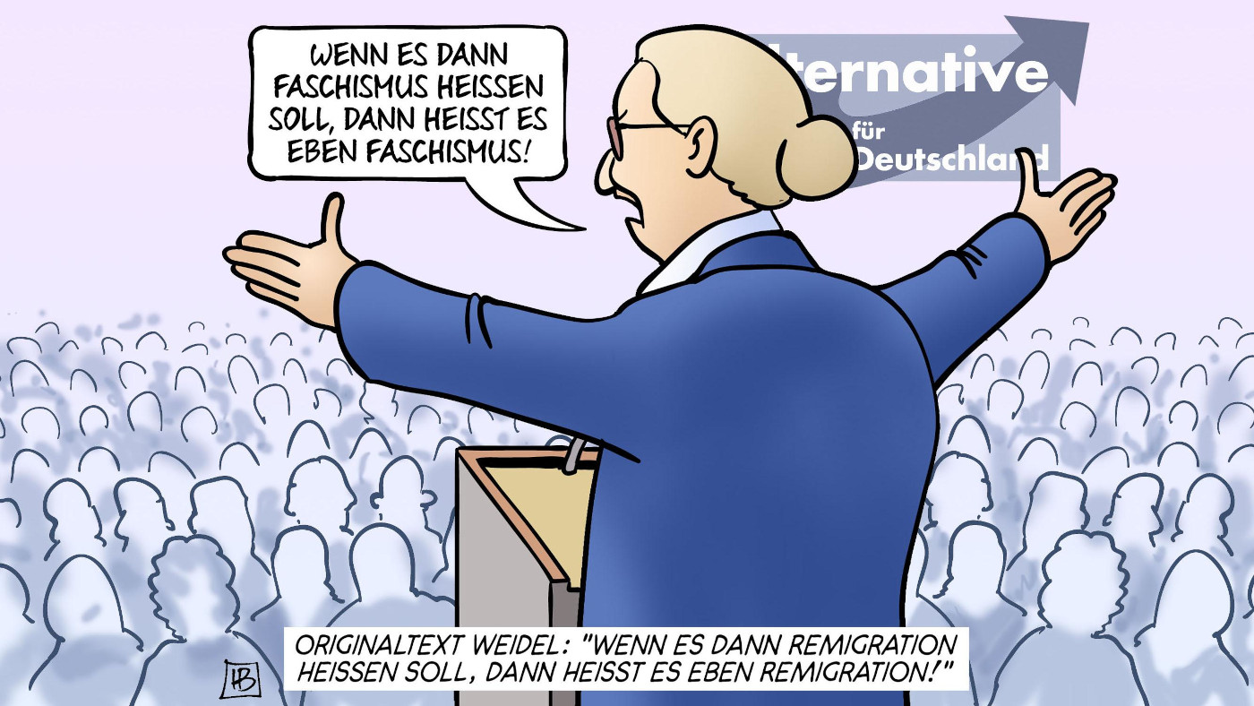 Die Karikatur "Dann eben Faschismus" von Harm Bengen anlässlich des Parteitags der AfD am 11. Januar 2025 in Riesa. 