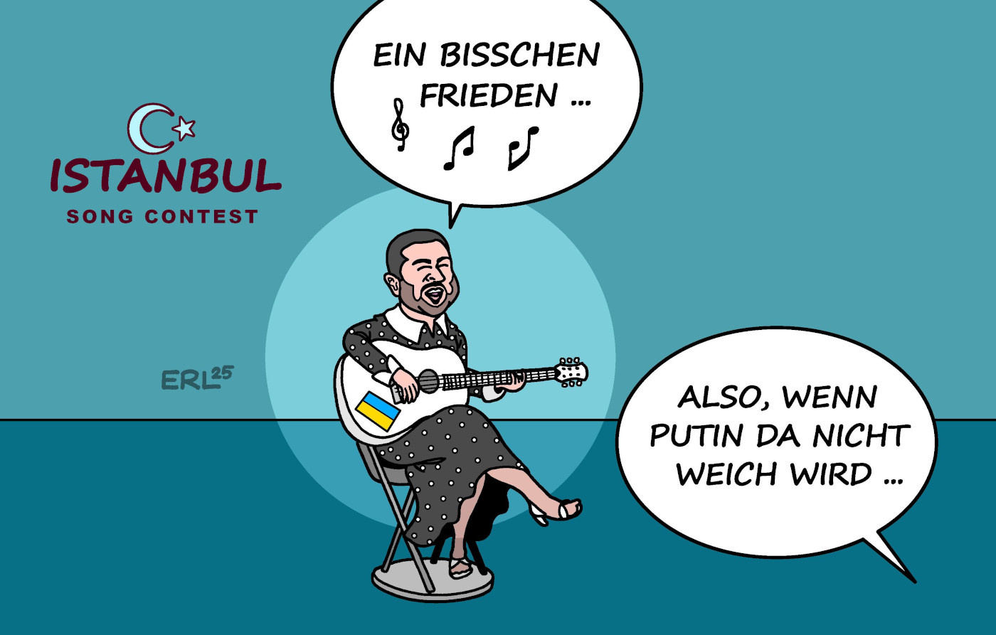 Die Karikatur "ESC" von Karikaturist Martin Erl. Zu sehen ist der Präsident der Ukraine Selenskyj. Er trägt ein langes, gepunktetes Kleid und spielt Gitarre - genau so wie die Sängerin Nicole, die 1982 mit ihrem Lied 2ein bisschen Frieden" den Eurovision Songcontest für Deutschland gewann. Darunter steht in einer Sprechblase der Text "Also, wenn Putin da nicht weich wird...".